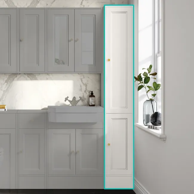 Monaco Cotton White Floor Standing Tall Cabinet Unit 300mm - Brushed Brass Accents