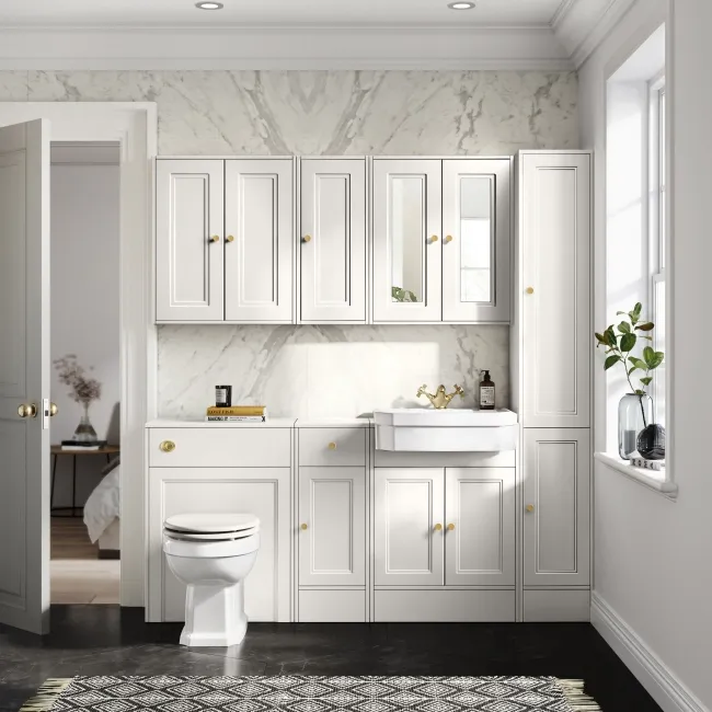 Monaco Cotton White Floor Standing Tall Cabinet Unit 300mm - Brushed Brass Accents