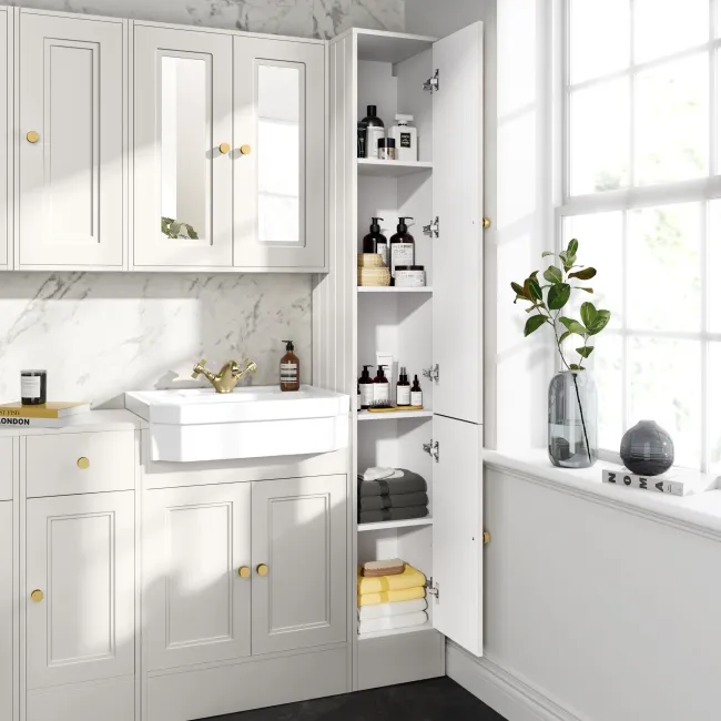 Monaco Cotton White Floor Standing Tall Cabinet Unit 300mm - Brushed Brass Accents
