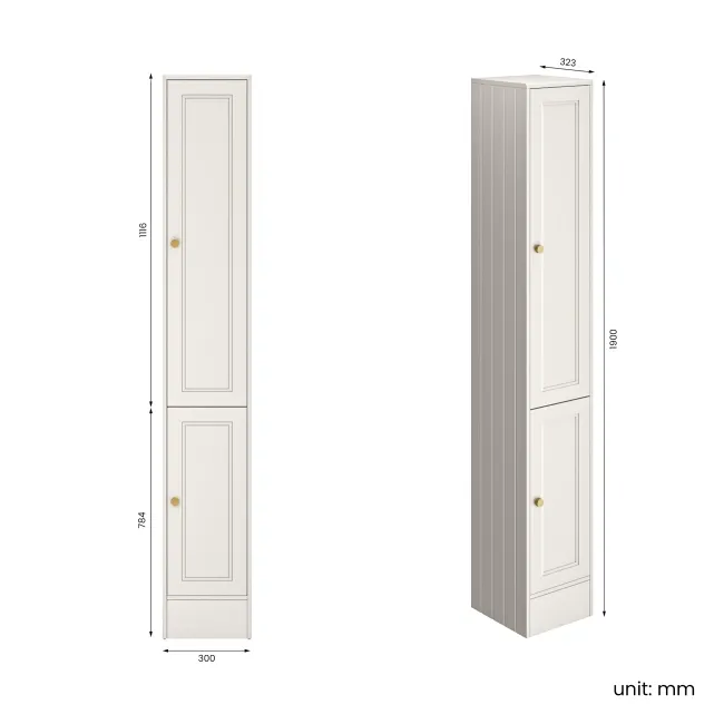 Monaco Cotton White Floor Standing Tall Cabinet Unit 300mm - Brushed Brass Accents