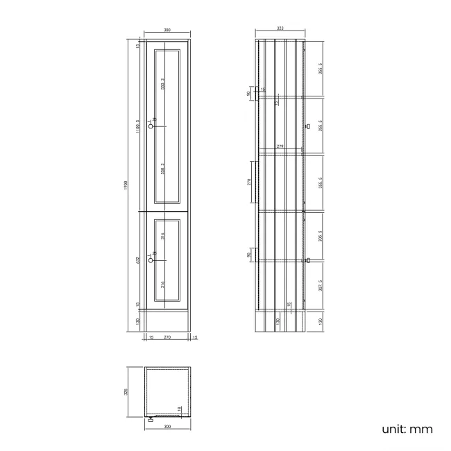 Monaco Cotton White Floor Standing Tall Cabinet Unit 300mm - Brushed Brass Accents