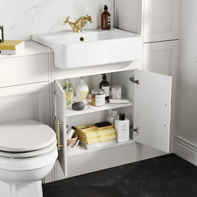 Monaco Cotton White Basin Vanity 600mm - Brass Knurled Handles