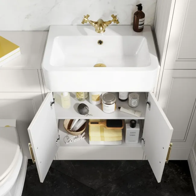Monaco Cotton White Basin Vanity 600mm - Brass Knurled Handles