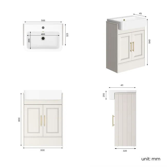 Monaco Cotton White Basin Vanity 600mm - Brass Knurled Handles
