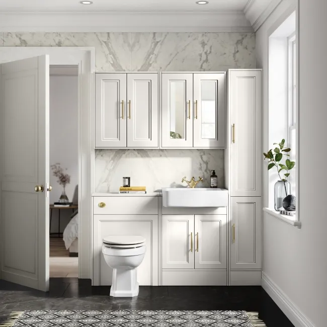 Monaco Cotton White Basin Vanity and Back To Wall Toilet Unit 1200mm (Excludes Pan & Cistern) - Brass Knurled Handles
