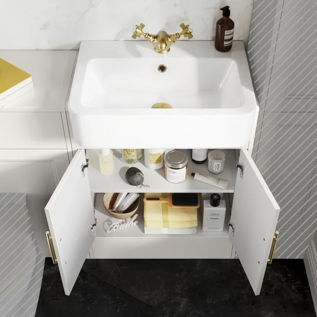 Monaco Cotton White Basin Vanity and Back To Wall Toilet Unit 1200mm (Excludes Pan & Cistern) - Brass Knurled Handles