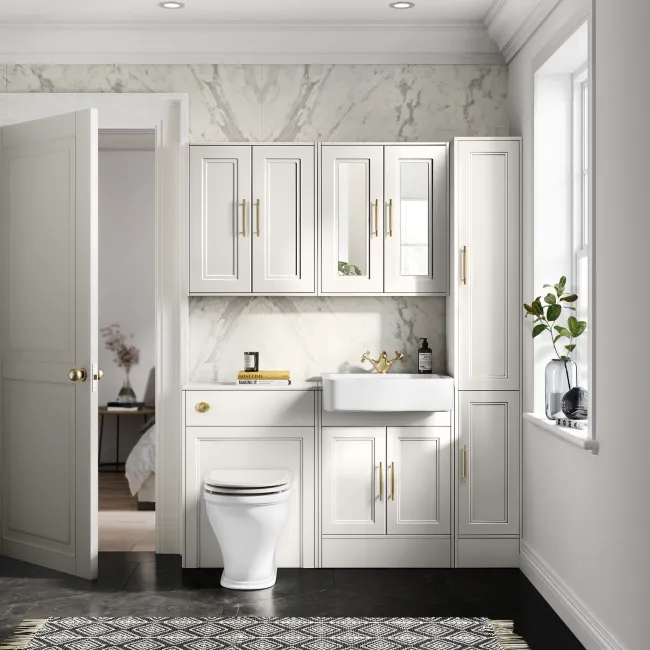 Monaco Cotton White Combination Vanity Basin and Kansas Toilet with Wooden Seat 1200mm - Brass Knurled Handles