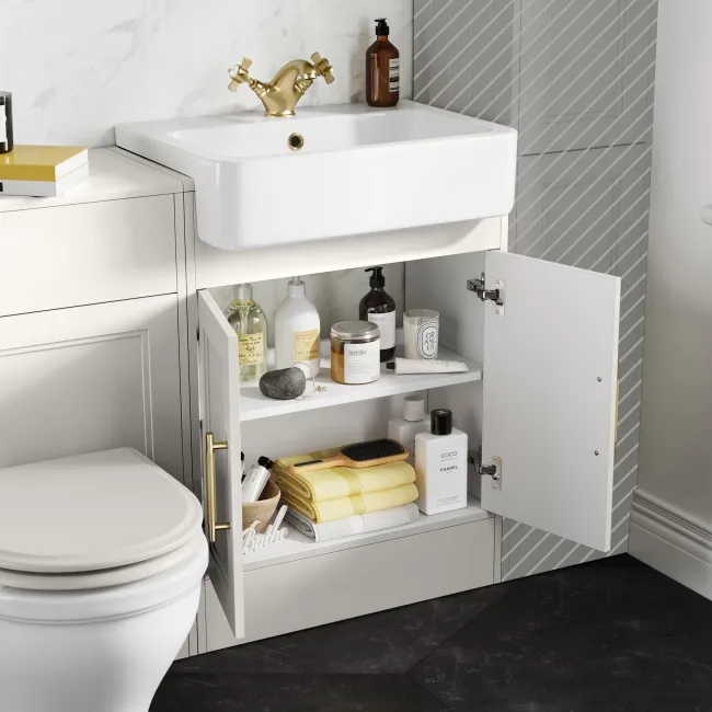 Monaco Cotton White Combination Vanity Basin and Kansas Toilet with Wooden Seat 1200mm - Brass Knurled Handles