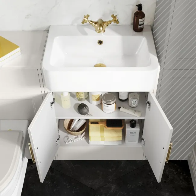 Monaco Cotton White Combination Vanity Basin and Kansas Toilet with Wooden Seat 1200mm - Brass Knurled Handles