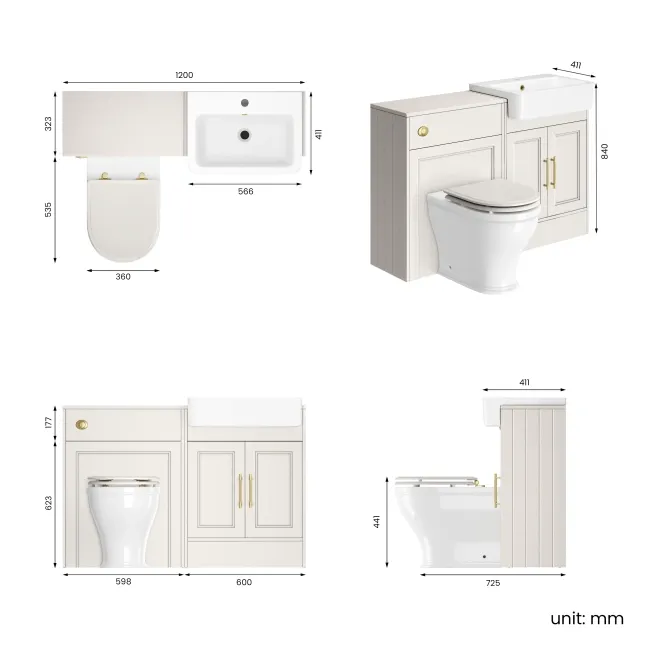 Monaco Cotton White Combination Vanity Basin and Kansas Toilet with Wooden Seat 1200mm - Brass Knurled Handles