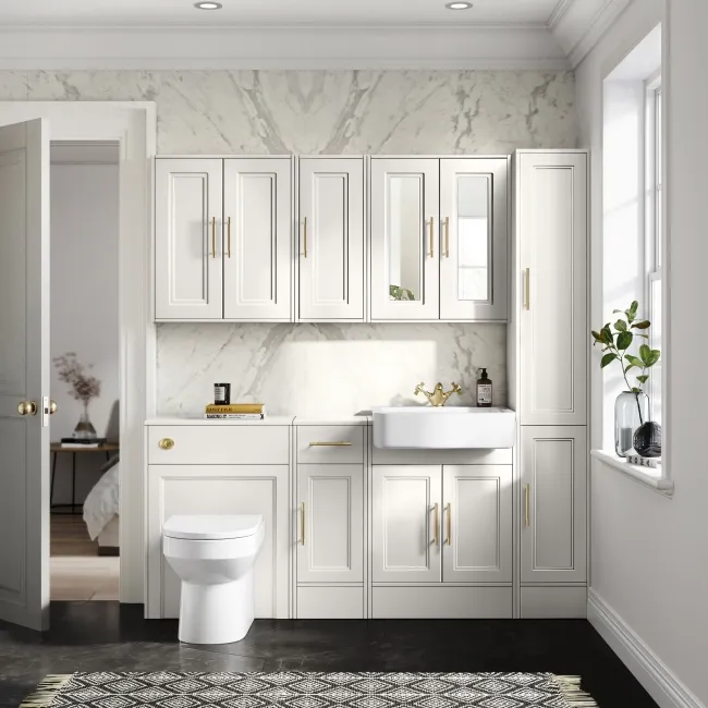 Monaco Cotton White Combination Vanity Basin and Miami Toilet 1500mm - Brass Knurled Handles