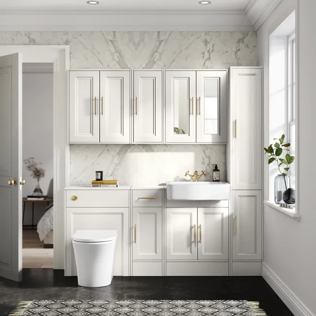 Monaco Cotton White Combination Vanity Basin and Tucson Toilet 1500mm - Brass Knurled Handles
