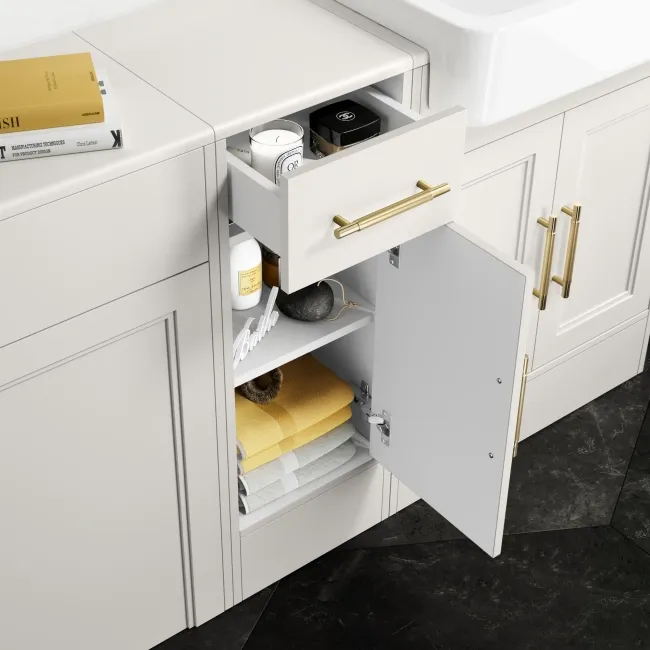 Monaco Cotton White Combination Vanity Basin and Tucson Toilet 1500mm - Brass Knurled Handles