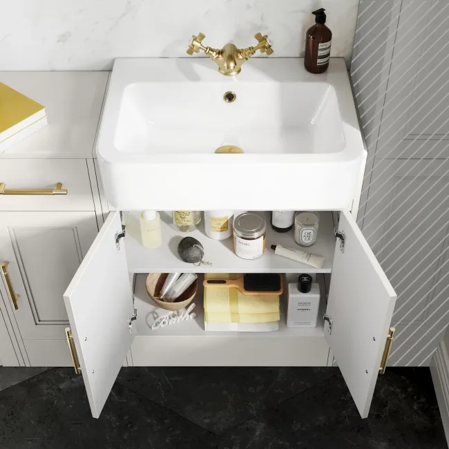 Monaco Cotton White Combination Vanity Basin and Kansas Toilet with Wooden Seat 1500mm - Brass Knurled Handles