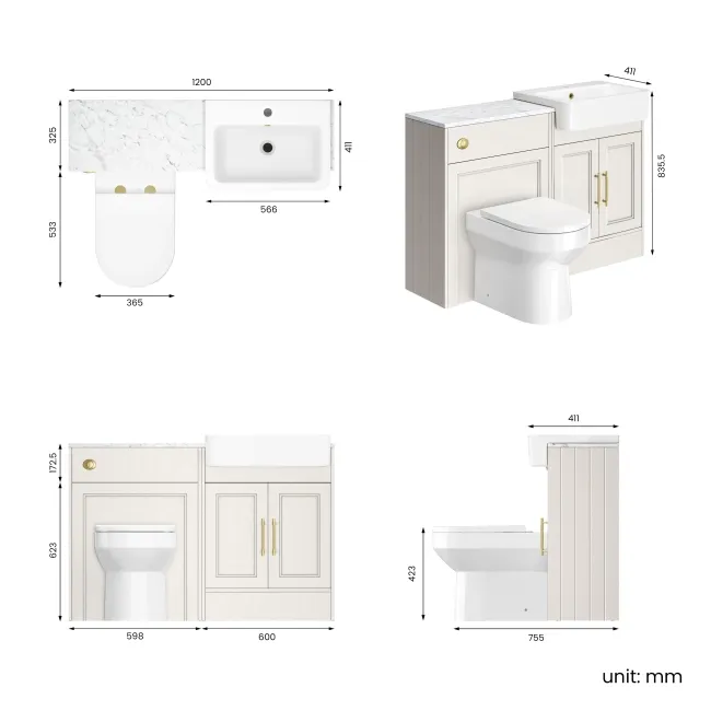 Monaco Cotton White Combination Vanity Basin with Marble Top & Miami Toilet 1200mm - Brass Knurled Handles