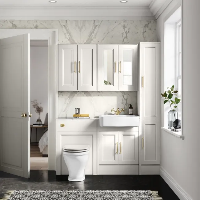 Monaco Cotton White Combination Vanity Basin with Marble Top & Kansas Toilet with Wooden Seat 1200mm - Brass Knurled Handles