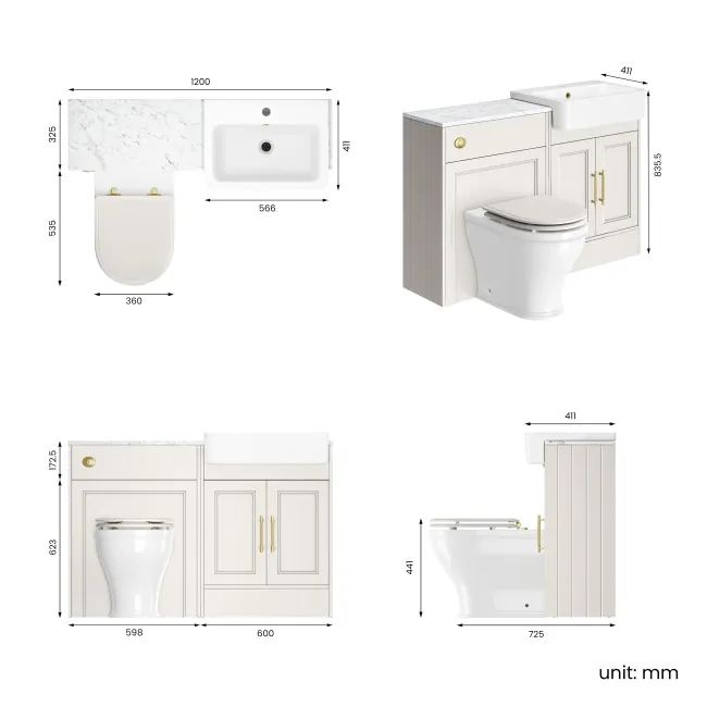 Monaco Cotton White Combination Vanity Basin with Marble Top & Kansas Toilet with Wooden Seat 1200mm - Brass Knurled Handles