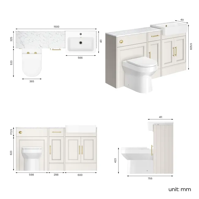 Monaco Cotton White Combination Vanity Basin with Marble Top and Miami Toilet 1500mm - Brass Knurled Handles