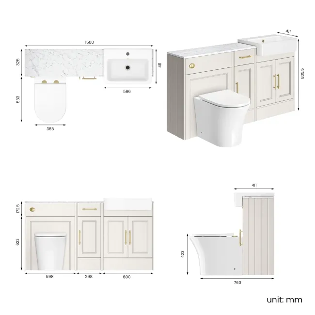 Monaco Cotton White Combination Vanity Basin with Marble Top and Tucson Toilet 1500mm - Brass Knurled Handles