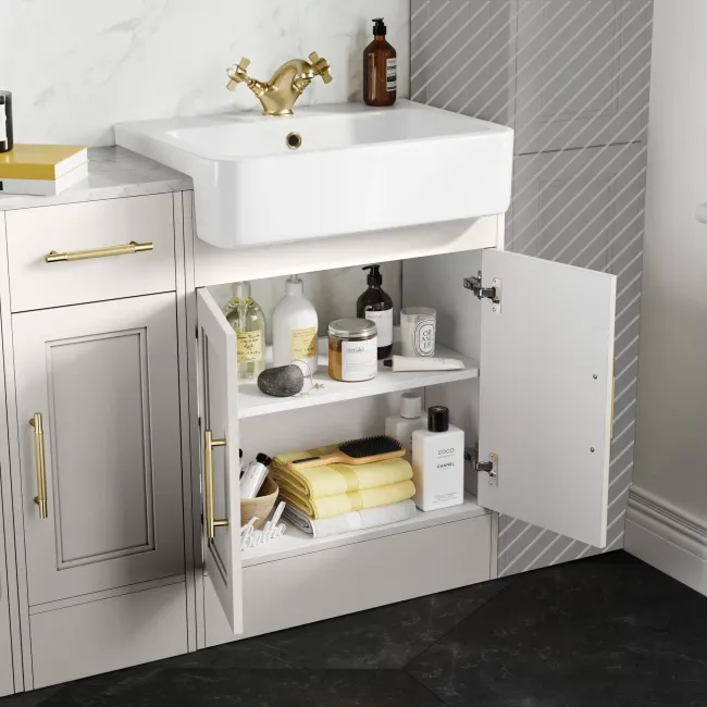 Monaco Cotton White Combination Vanity Basin with Marble Top and Kansas Toilet with Wooden Seat 1500mm - Brass Knurled Handles