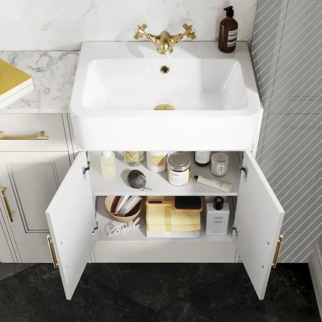 Monaco Cotton White Combination Vanity Basin with Marble Top and Kansas Toilet with Wooden Seat 1500mm - Brass Knurled Handles