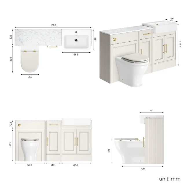 Monaco Cotton White Combination Vanity Basin with Marble Top and Kansas Toilet with Wooden Seat 1500mm - Brass Knurled Handles