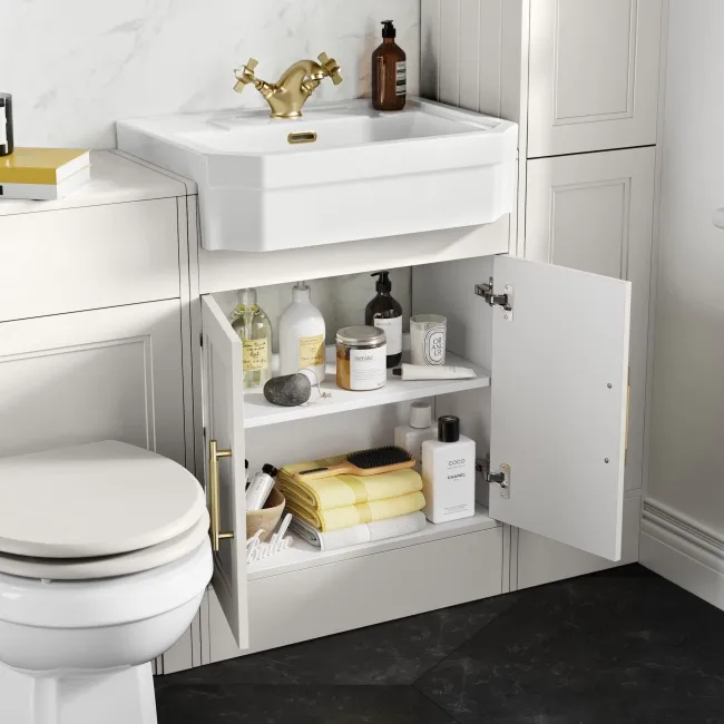 Monaco Cotton White Traditional Basin Vanity 600mm - Brass Knurled Handles