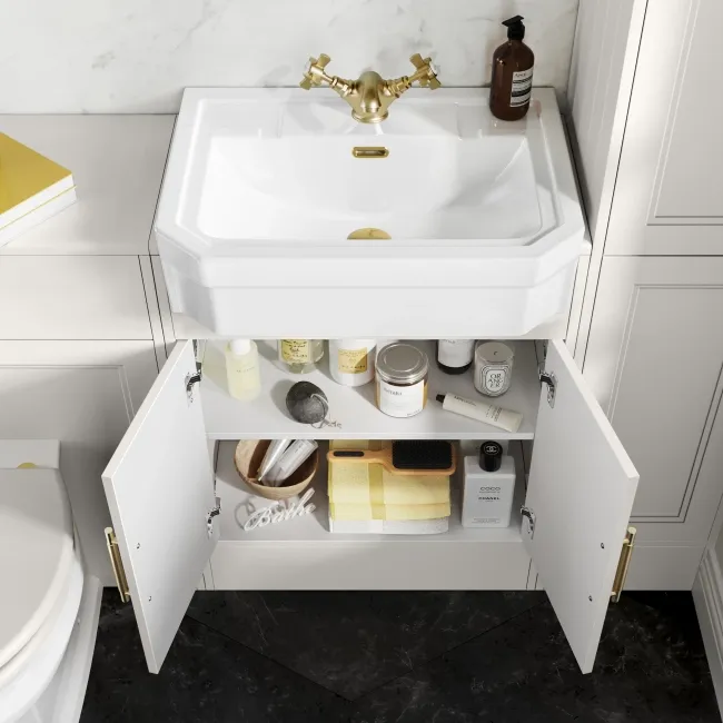 Monaco Cotton White Traditional Basin Vanity 600mm - Brass Knurled Handles