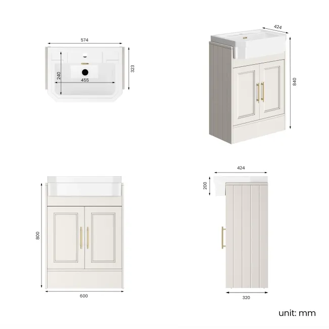 Monaco Cotton White Traditional Basin Vanity 600mm - Brass Knurled Handles