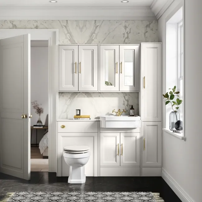 Monaco Cotton White Traditional Basin Vanity and Back To Wall Unit 1200mm (Excludes Pan & Cistern) - Brass Knurled Handles