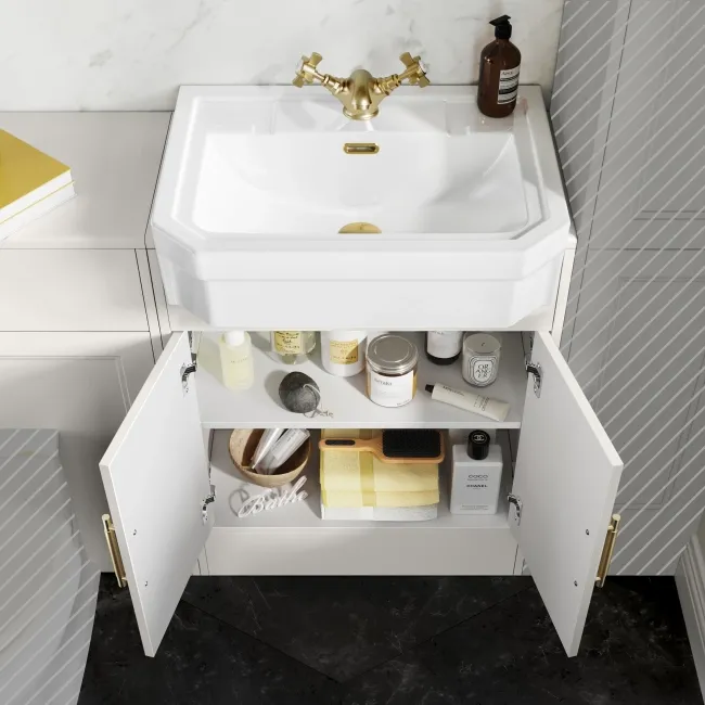 Monaco Cotton White Traditional Basin Vanity and Back To Wall Unit 1200mm (Excludes Pan & Cistern) - Brass Knurled Handles