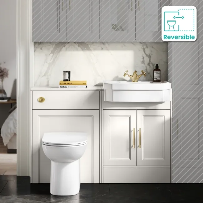Monaco Cotton White Combination Vanity Traditional Basin and Aruba Toilet 1200mm - Brass Knurled Handles
