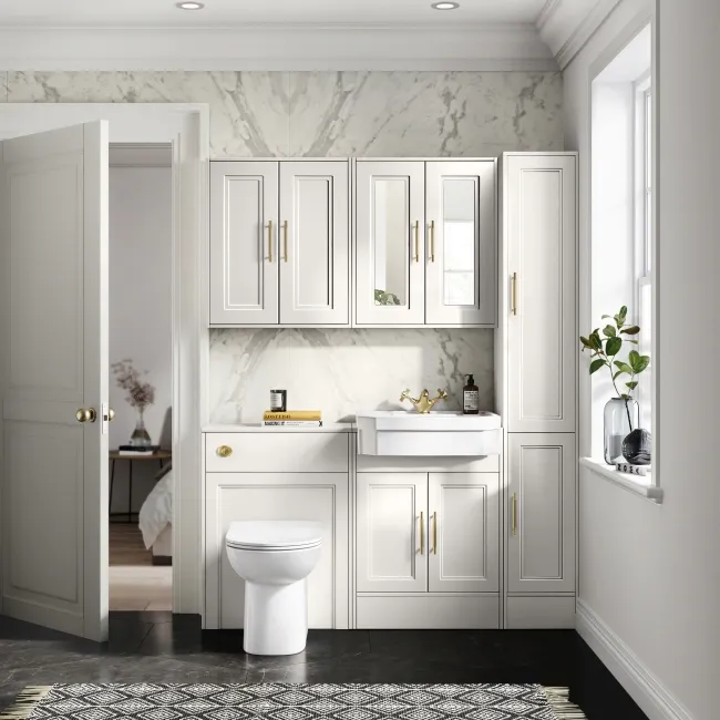 Monaco Cotton White Combination Vanity Traditional Basin and Aruba Toilet 1200mm - Brass Knurled Handles