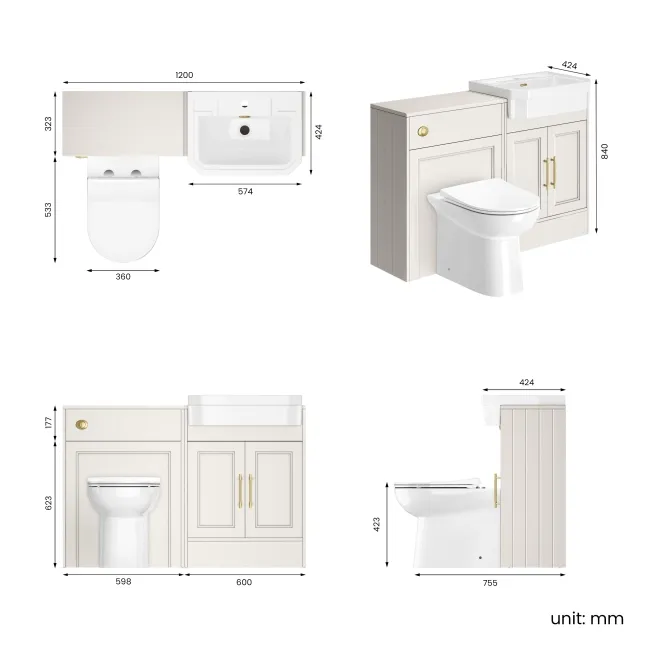 Monaco Cotton White Combination Vanity Traditional Basin and Aruba Toilet 1200mm - Brass Knurled Handles