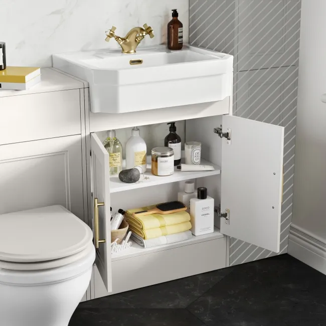 Monaco Cotton White Combination Vanity Traditional Basin and Kansas Toilet with Wooden Seat 1200mm - Brass Knurled Handles