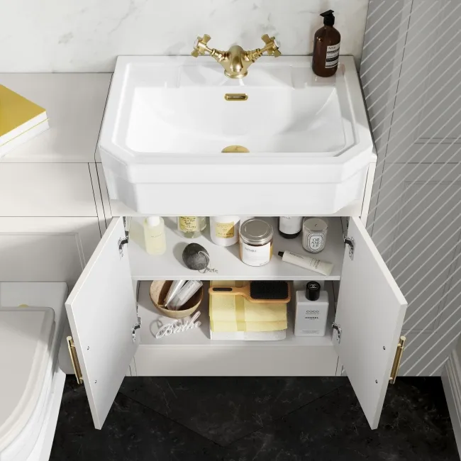 Monaco Cotton White Combination Vanity Traditional Basin and Kansas Toilet with Wooden Seat 1200mm - Brass Knurled Handles