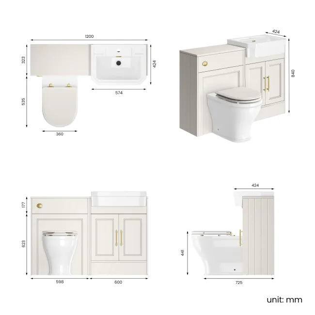 Monaco Cotton White Combination Vanity Traditional Basin and Kansas Toilet with Wooden Seat 1200mm - Brass Knurled Handles