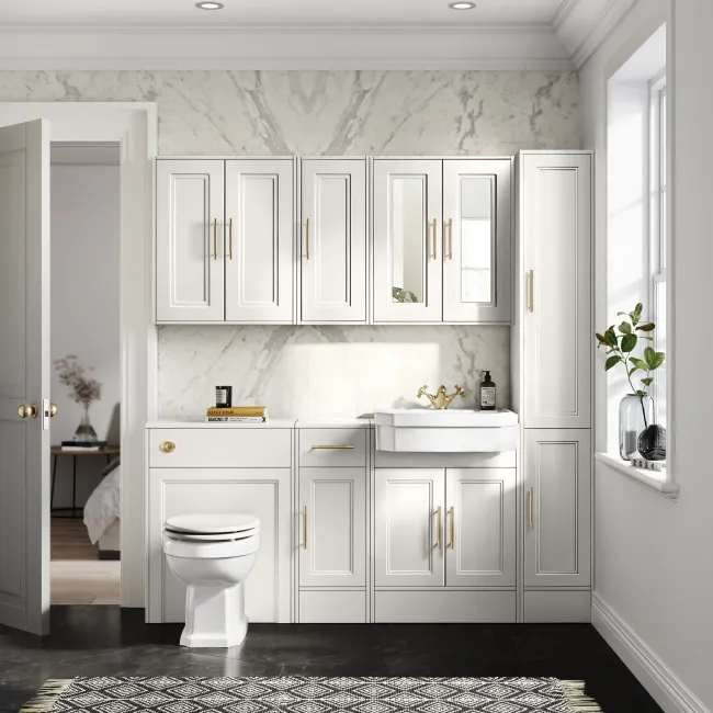 Monaco Cotton White Combination Vanity Traditional Basin 1500mm (Excludes Pan & Cistern) - Brass Knurled Handles