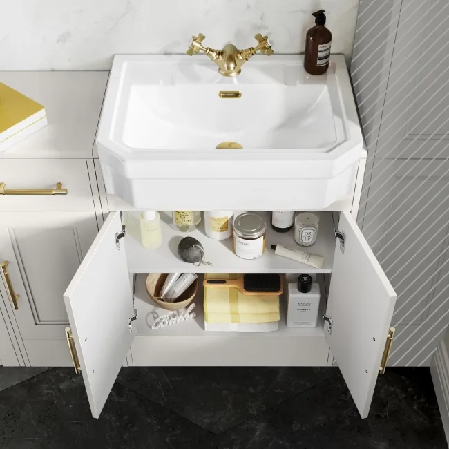 Monaco Cotton White Combination Vanity Traditional Basin 1500mm (Excludes Pan & Cistern) - Brass Knurled Handles