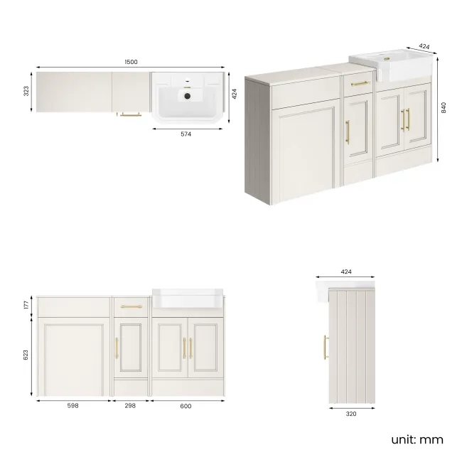 Monaco Cotton White Combination Vanity Traditional Basin 1500mm (Excludes Pan & Cistern) - Brass Knurled Handles