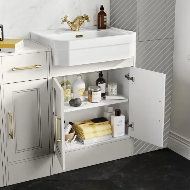 Monaco Cotton White Combination Vanity Traditional Basin and Aruba Toilet 1500mm - Brass Knurled Handles