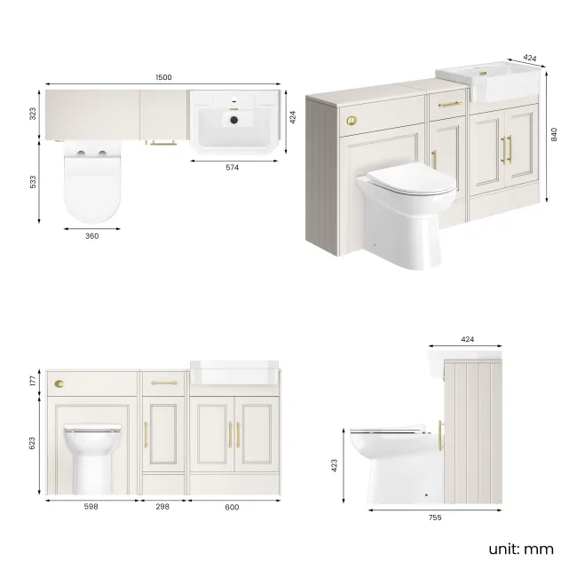 Monaco Cotton White Combination Vanity Traditional Basin and Aruba Toilet 1500mm - Brass Knurled Handles