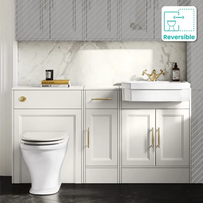 Monaco Cotton White Combination Vanity Traditional Basin and Kansas Toilet with Wooden Seat 1500mm - Brass Knurled Handles