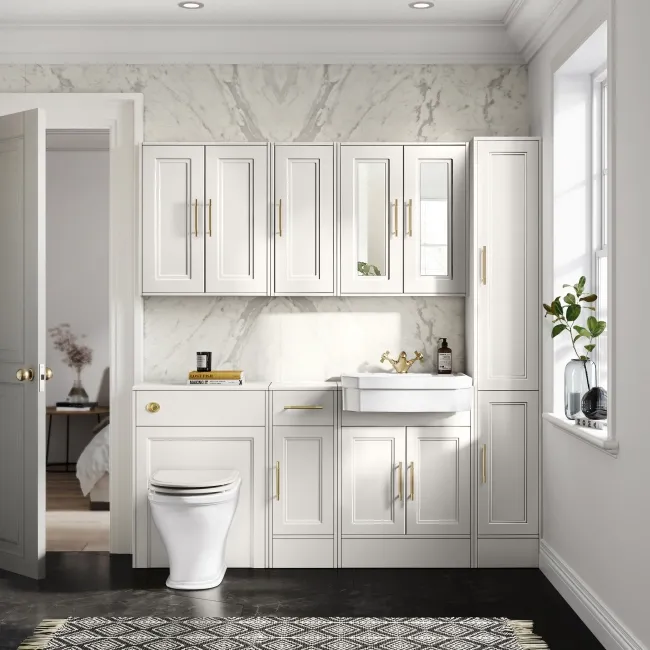 Monaco Cotton White Combination Vanity Traditional Basin and Kansas Toilet with Wooden Seat 1500mm - Brass Knurled Handles