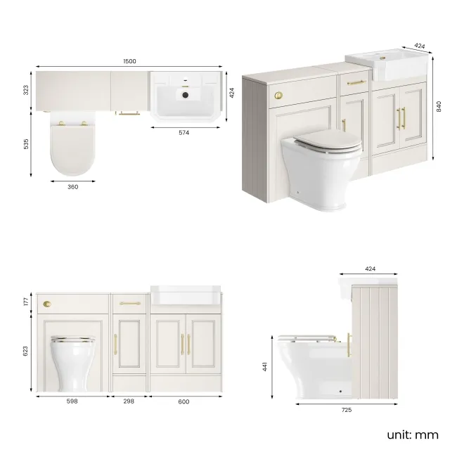 Monaco Cotton White Combination Vanity Traditional Basin and Kansas Toilet with Wooden Seat 1500mm - Brass Knurled Handles