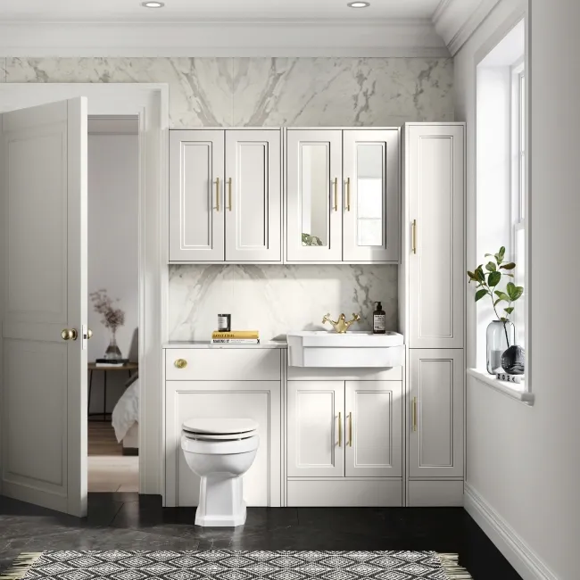 Monaco Cotton White Combination Vanity Traditional Basin with Marble Top 1200mm (Excludes Pan & Cistern) - Brass Knurled Handles