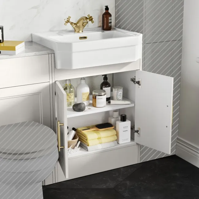 Monaco Cotton White Combination Vanity Traditional Basin with Marble Top 1200mm (Excludes Pan & Cistern) - Brass Knurled Handles