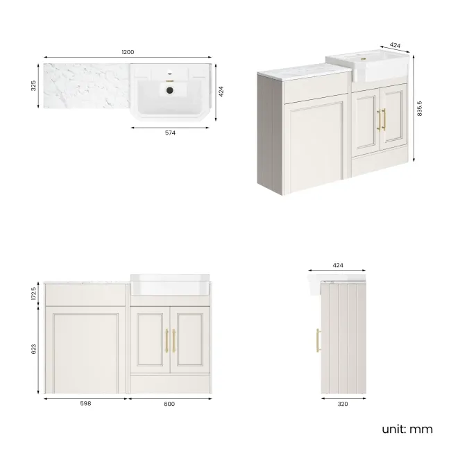 Monaco Cotton White Combination Vanity Traditional Basin with Marble Top 1200mm (Excludes Pan & Cistern) - Brass Knurled Handles