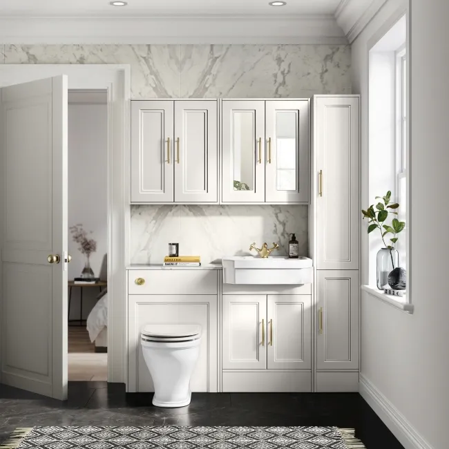 Monaco Cotton White Combination Vanity Traditional Basin with Marble Top & Kansas Toilet with Wooden Seat 1200mm - Brass Knurled Handles