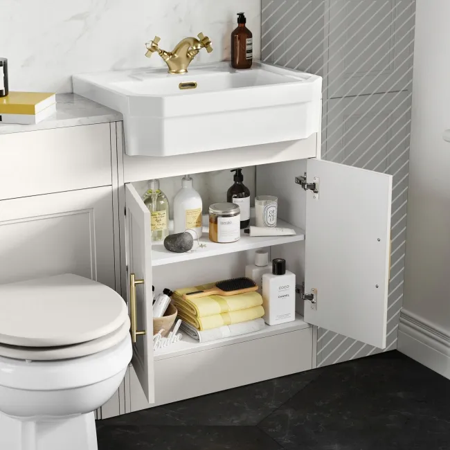Monaco Cotton White Combination Vanity Traditional Basin with Marble Top & Hudson Toilet with Wooden Seat 1200mm - Brass Knurled Handles